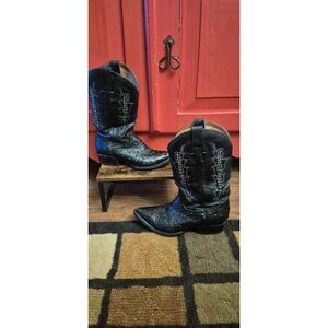 El Tejano 7.5 Full Quill Ostrich Leather Black Cowboy Boots Western Pointed Toe